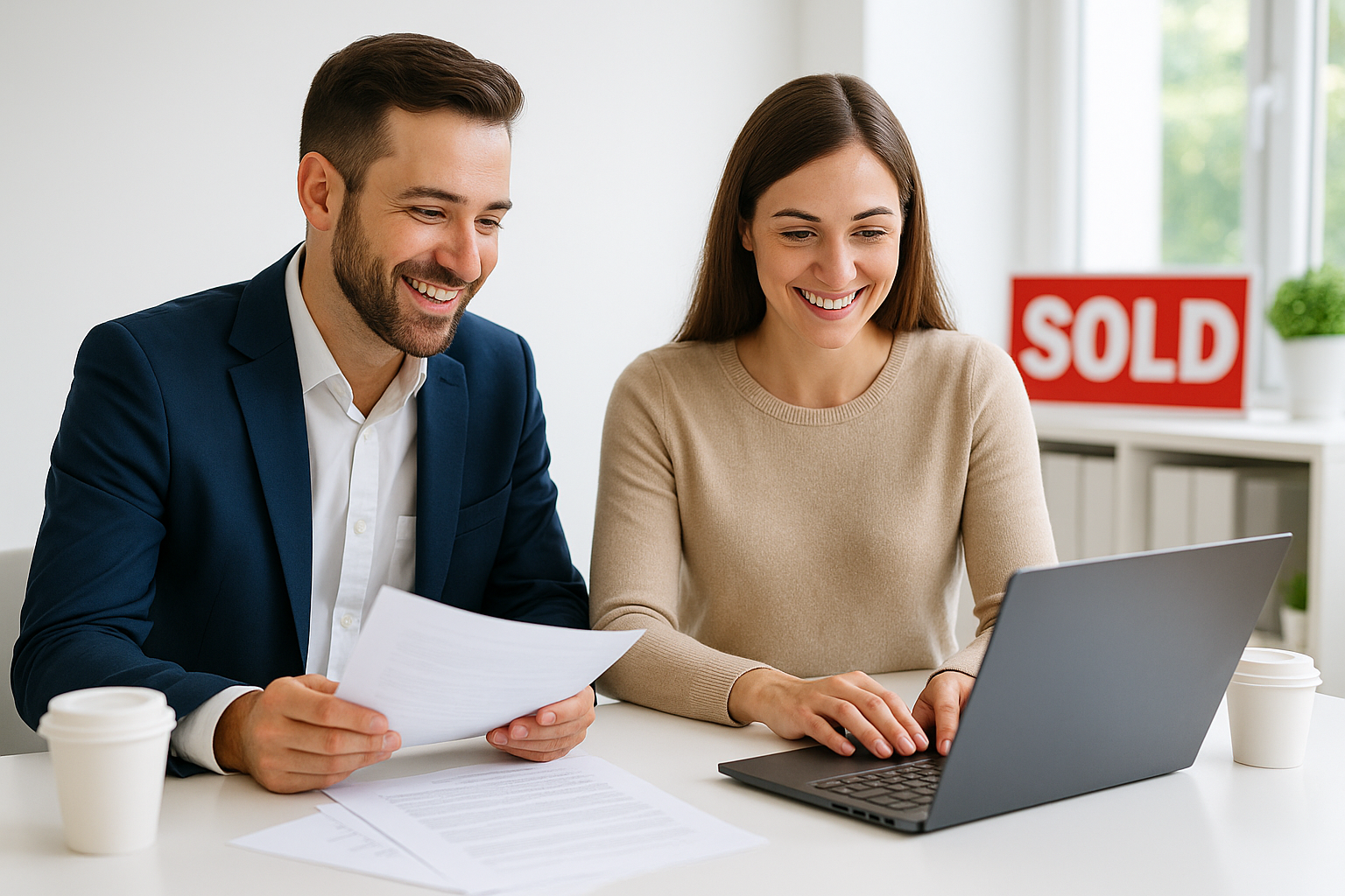Real estate agent and transaction coordinator reviewing property documents together to streamline closings.