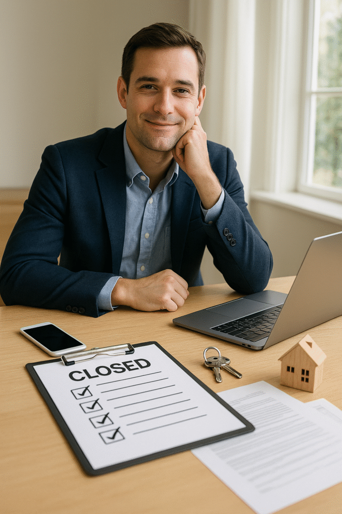 Happy realtor enjoying a stress-free workflow thanks to professional transaction coordination.