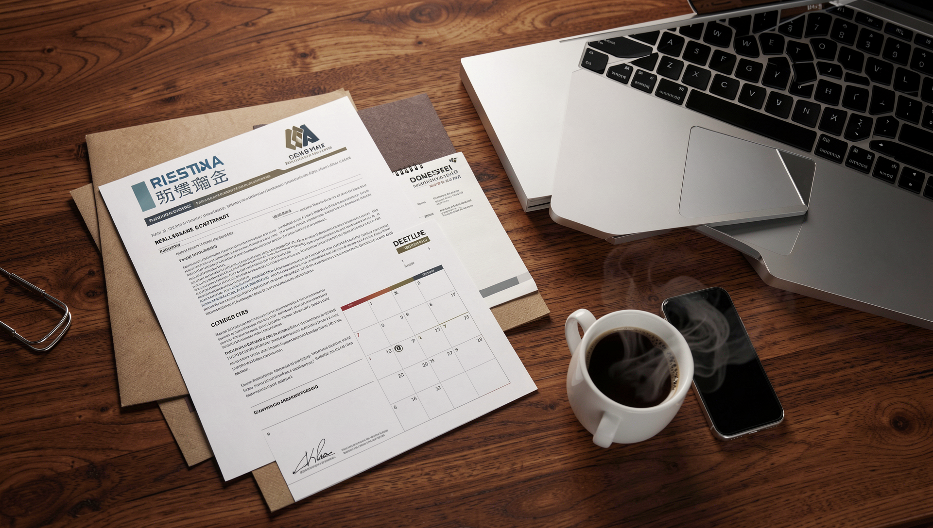 Organized real estate transaction file with deadlines and closing documents